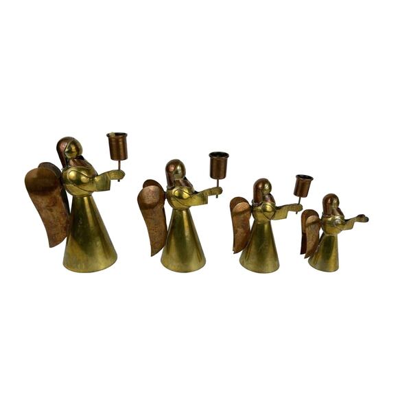 4 Brass and Copper Primitive Angels Candle Holders Hand Made Vintage - Picture 2 of 10
